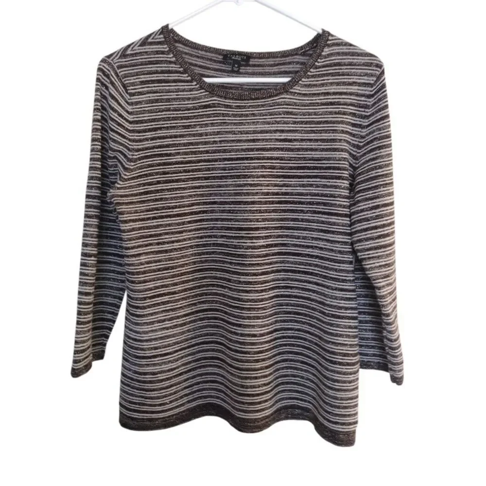 TALBOTS Blouse Woman Medium Gray Metallic Striped Linen Blen 3/4 Sleeves Knit‎